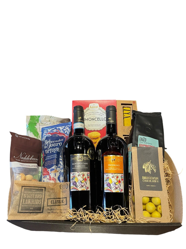 Gavekurv med vin og delikatesser (875kr) - Bottle Hero